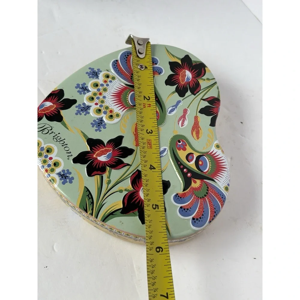 Brighton Large Tin Green Floral Design Heart Shaped Trinket Jewelry Gift Box
